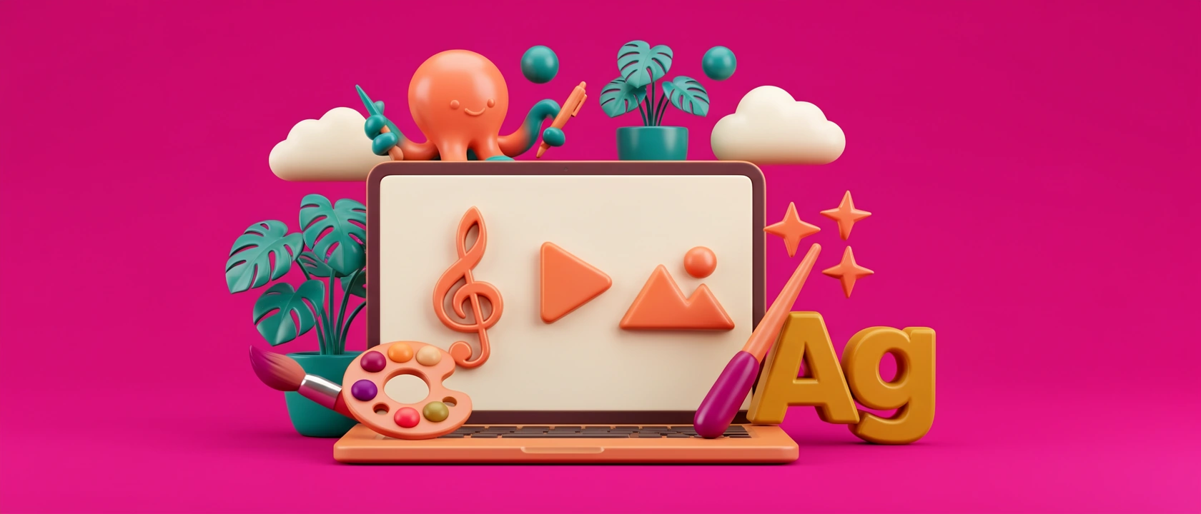 Grafikdesign mit KI — 3D-Illustration mit Laptop, Pinsel, Color-Palette und Octopus-Maskottchen