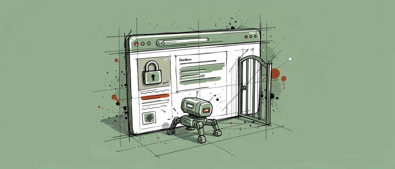 KI-Crawler 2026 — handgezeichnete Concept-Sketch-Illustration mit einem Browserfenster mit Schloss-Symbol und einem halb geöffneten Tor sowie einem kleinen spinnenartigen Crawler-Roboter davor, monochrom in Salbeigrün mit rostorangen Akzenten
