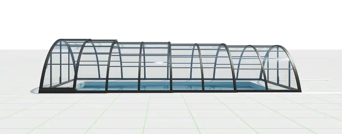 3D-Visualisierung der Aluna Classic K5 Poolüberdachung – Rohmodell